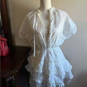 Maje White Tiered Lace-Trim Mini Dress